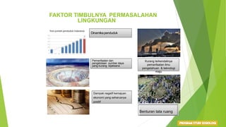 FAKTOR TIMBULNYA PERMASALAHAN
LINGKUNGAN
Dinamikapenduduk
Pemanfaatan dan
pengelolaan sumber daya
yang kurang bijaksana
Kurang terkendalinya
pemanfaatan ilmu
pengetahuan & teknologi
maju
Benturan tata ruang
Dampak negatif kemajuan
ekonomi yang seharusnya
positif
 