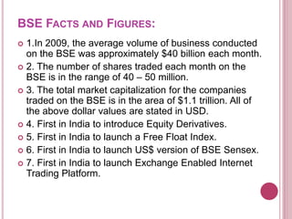 BSE FACTS AND FIGURES:
 1.In 2009, the average volume of business conducted
on the BSE was approximately $40 billion each month.
 2. The number of shares traded each month on the
BSE is in the range of 40 – 50 million.
 3. The total market capitalization for the companies
traded on the BSE is in the area of $1.1 trillion. All of
the above dollar values are stated in USD.
 4. First in India to introduce Equity Derivatives.
 5. First in India to launch a Free Float Index.
 6. First in India to launch US$ version of BSE Sensex.
 7. First in India to launch Exchange Enabled Internet
Trading Platform.
 