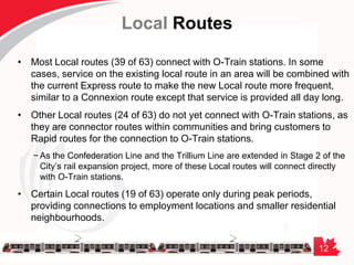 12
Local Routes
• Most Local routes (39 of 63) connect with O-Train stations. In some
cases, service on the existing local route in an area will be combined with
the current Express route to make the new Local route more frequent,
similar to a Connexion route except that service is provided all day long.
• Other Local routes (24 of 63) do not yet connect with O-Train stations, as
they are connector routes within communities and bring customers to
Rapid routes for the connection to O-Train stations.
− As the Confederation Line and the Trillium Line are extended in Stage 2 of the
City’s rail expansion project, more of these Local routes will connect directly
with O-Train stations.
• Certain Local routes (19 of 63) operate only during peak periods,
providing connections to employment locations and smaller residential
neighbourhoods.
 