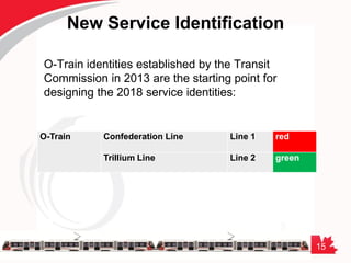 15
New Service Identification
O-Train identities established by the Transit
Commission in 2013 are the starting point for
designing the 2018 service identities:
O-Train Confederation Line Line 1 red
Trillium Line Line 2 green
 