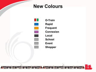 18
New Colours
O-Train
Rapid
Frequent
Connexion
Local
School
Event
Shopper
 
