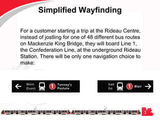 3
Simplified Wayfinding
For a customer starting a trip at the Rideau Centre,
instead of jostling for one of 48 different bus routes
on Mackenzie King Bridge, they will board Line 1,
the Confederation Line, at the underground Rideau
Station. There will be only one navigation choice to
make:
 