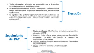  Titular o delegado, y la logística son responsables que se desarrollen
los procedimientos en las fechas previstas.
 La responsabilidad también alcanza a los órganos y funcionarios que
tengan intervención en los procesos de contratación, en el marco de
sus funciones.
 La logística debe gestionar oportunamente la convocatoria de los
procedimientos programados y obtener la certificación o previsión
presupuestal.
Ejecución
 Titular o delegado: Planificación, formulación, aprobación y
ejecución del PAC.
 Logística: Emite informe sobre estos aspectos (formulación,
aprobación, ejecución), describiendo la conducta de
funcionarios y/o servidores.
 Titular o delegado: Adoptan medidas correctivas y deslinde de
responsabilidades.
 Titular: Evaluación periódica sobre la ejecución.
Seguimiento
del PAC
Descargado por Zonas Region
(estrategiaruraltacna@gmail.com)
Encuentra más documentos en
 
