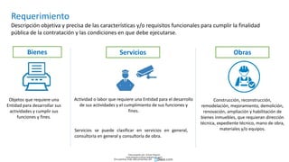 Requerimiento
Descripción objetiva y precisa de las características y/o requisitos funcionales para cumplir la finalidad
pública de la contratación y las condiciones en que debe ejecutarse.
Bienes Servicios Obras
Objetos que requiere una
Entidad para desarrollar sus
actividades y cumplir sus
funciones y fines.
Actividad o labor que requiere una Entidad para el desarrollo
de sus actividades y el cumplimiento de sus funciones y
fines.
Servicios se puede clasificar en servicios en general,
consultoría en general y consultoría de obra.
Construcción, reconstrucción,
remodelación, mejoramiento, demolición,
renovación, ampliación y habilitación de
bienes inmuebles, que requieran dirección
técnica, expediente técnico, mano de obra,
materiales y/o equipos.
Descargado por Zonas Region
(estrategiaruraltacna@gmail.com)
Encuentra más documentos en
 