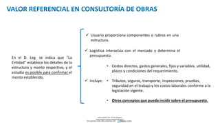  Usuario proporciona componentes o rubros en una
estructura.
 Logística interactúa con el mercado y determina el
presupuesto.
 Incluye:
En el D. Leg. se indica que “La
Entidad” establece los detalles de la
estructura y monto respectivo, y el
estudio es posible para confirmar el
monto establecido.
VALOR REFERENCIAL EN CONSULTORÍA DE OBRAS
• Costos directos, gastos generales, fijos y variables. utilidad,
plazos y condiciones del requerimiento.
• Tributos, seguros, transporte, inspecciones, pruebas,
seguridad en el trabajo y los costos laborales conforme a la
legislación vigente.
• Otros conceptos que pueda incidir sobre el presupuesto.
Descargado por Zonas Region
(estrategiaruraltacna@gmail.com)
Encuentra más documentos en
 