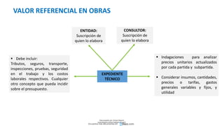 EXPEDIENTE
TÉCNICO
ENTIDAD:
Suscripción de
quien lo elabora
CONSULTOR:
Suscripción de
quien lo elabora
 Indagaciones para analizar
precios unitarios actualizados
por cada partida y subpartida.
 Considerar insumos, cantidades,
precios o tarifas, gastos
generales variables y fijos, y
utilidad
 Debe incluir:
Tributos, seguros, transporte,
inspecciones, pruebas, seguridad
en el trabajo y los costos
laborales respectivos. Cualquier
otro concepto que pueda incidir
sobre el presupuesto.
VALOR REFERENCIAL EN OBRAS
Descargado por Zonas Region
(estrategiaruraltacna@gmail.com)
Encuentra más documentos en
 