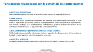 Funcionarios relacionados con la gestión de las contrataciones
A. EL TITULAR DE LA ENTIDAD
Es la más alta autoridad ejecutiva, de acuerdo con sus normas de organización interna.
B. ÁREA USUARIA
Dependencias cuyas necesidades pretenden ser atendidas con determinada contratación o, que
dada su especialidad y funciones, canaliza los requerimientos formulados por otras dependencias,
que elabora y participa en la planificación de contrataciones, y realiza la verificación técnica de las
contrataciones efectuadas a su requerimiento, para su conformidad.
C. ÓRGANO ENCARGADO DE LAS CONTRATACIONES (OEC) O LOGÍSTICA
Unidad orgánica que realiza las actividades relativas a la gestión del abastecimiento al interior de una
Entidad, incluida la gestión administrativa de los contratos.
D. COMITÉ DE SELECCIÓN
Encargado de desarrollar el procedimiento y seleccionar al proveedor, cuando corresponda.
Descargado por Zonas Region
(estrategiaruraltacna@gmail.com)
Encuentra más documentos en
 