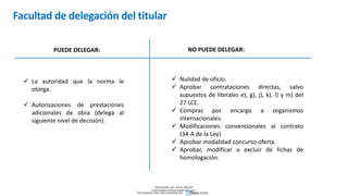  La autoridad que la norma le
otorga.
 Autorizaciones de prestaciones
adicionales de obra (delega al
siguiente nivel de decisión).
Facultad de delegación del titular
 Nulidad de oficio.
 Aprobar contrataciones directas, salvo
supuestos de literales e), g), j), k), l) y m) del
27 LCE.
 Compras por encargo a organismos
internacionales.
 Modificaciones convencionales al contrato
(34-A de la Ley).
 Aprobar modalidad concurso oferta.
 Aprobar, modificar o excluir de fichas de
homologación.
PUEDE DELEGAR: NO PUEDE DELEGAR:
Descargado por Zonas Region
(estrategiaruraltacna@gmail.com)
Encuentra más documentos en
 