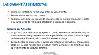 LAS GARANTÍAS SE EJECUTAN:
 Cuando el contratista no renueva antes de vencimiento.
 Resolución consentida del contrato.
 Si después de 3 días de requerido el contratista no cumple con pagar el saldo
a su cargo luego de recibida la prestación o liquidado el contrato.
Garantía por Adelantos
 La garantía por adelantos se ejecuta cuando resuelto o declarado nulo el
contrato exista riesgo sustentado de imposibilidad de amortización o pago,
aun cuando se haya iniciado la conciliación o el arbitraje.
 Entidad antes de ejecutarla, requiere vía notarial al contratista, otorgándole
plazo de 10 días hábiles para devolver monto pendiente de amortizar, bajo
apercibimiento de ejecutar garantía.
Descargado por Zonas Region
(estrategiaruraltacna@gmail.com)
Encuentra más documentos en
 