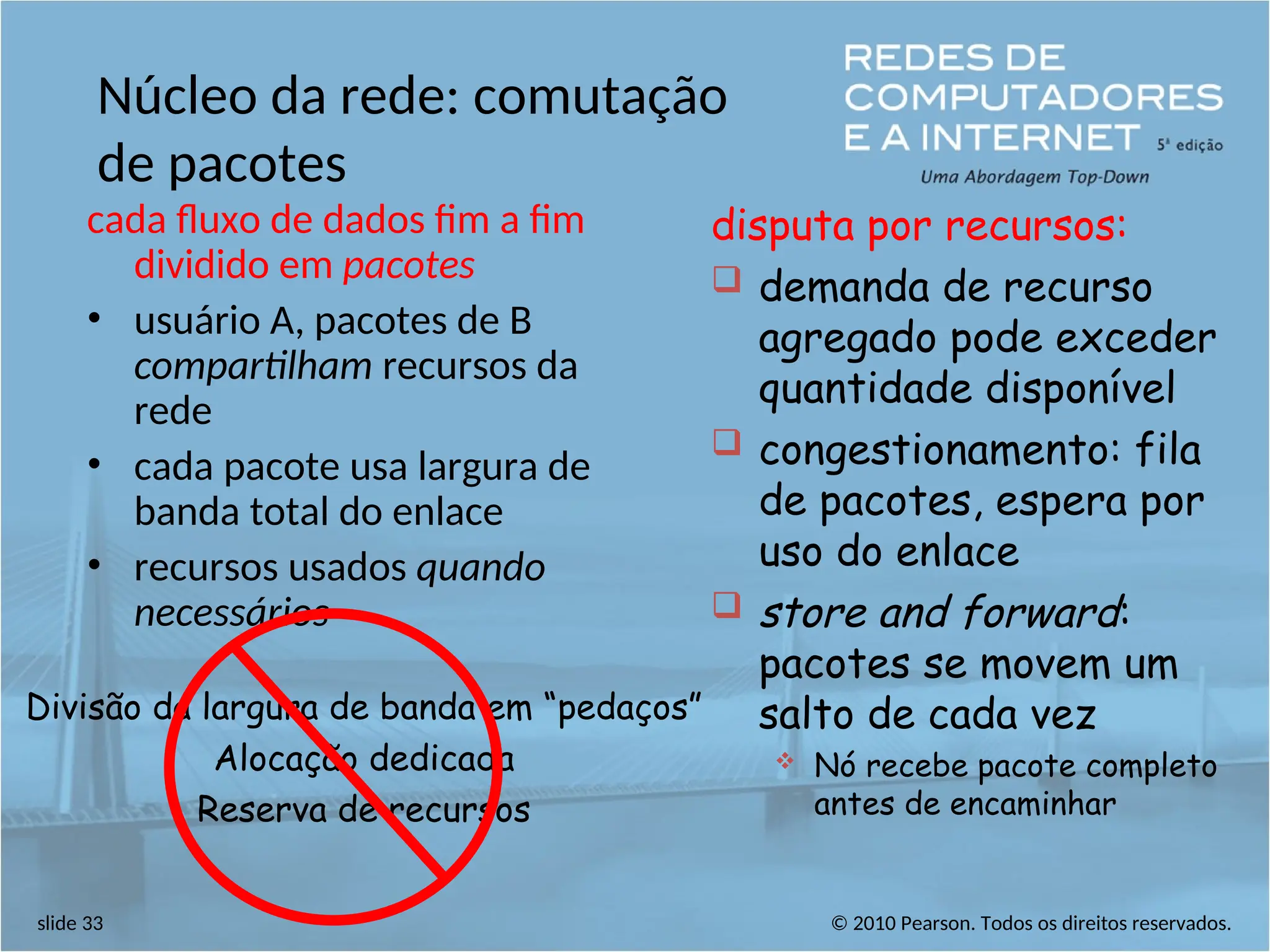 © 2010 Pearson. Todos os direitos reservados.
slide 33
Núcleo da rede: comutação
de pacotes
cada fluxo de dados fim a fim
dividido em pacotes
• usuário A, pacotes de B
compartilham recursos da
rede
• cada pacote usa largura de
banda total do enlace
• recursos usados quando
necessários
disputa por recursos:
 demanda de recurso
agregado pode exceder
quantidade disponível
 congestionamento: fila
de pacotes, espera por
uso do enlace
 store and forward:
pacotes se movem um
salto de cada vez
 Nó recebe pacote completo
antes de encaminhar
Divisão da largura de banda em “pedaços”
Alocação dedicada
Reserva de recursos
 