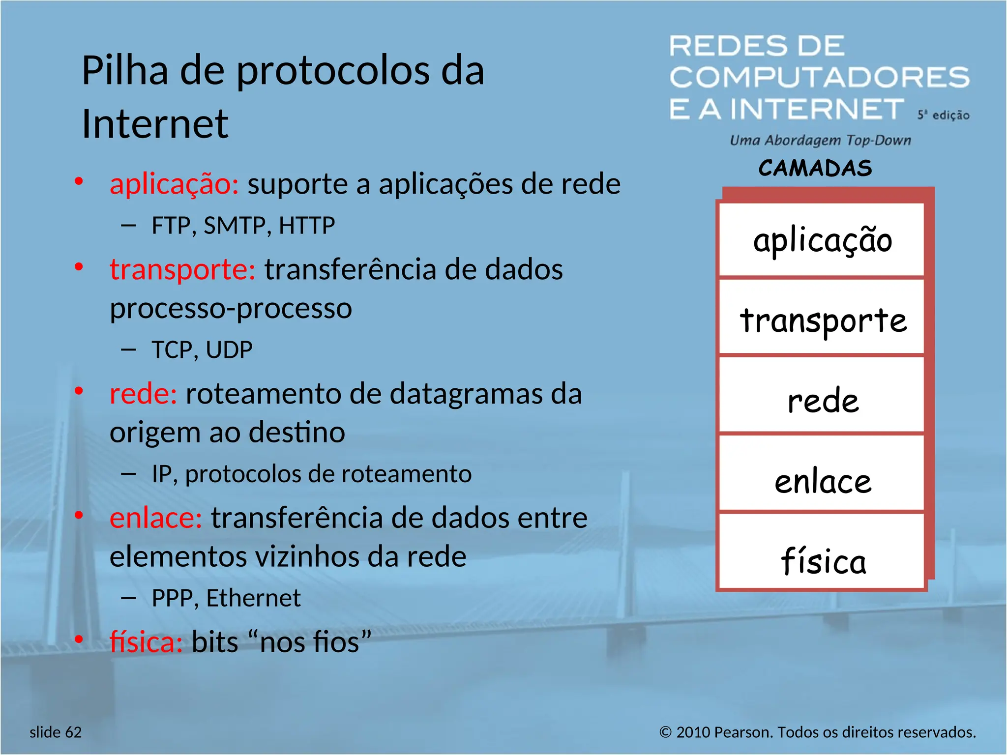 © 2010 Pearson. Todos os direitos reservados.
slide 62
Pilha de protocolos da
Internet
• aplicação: suporte a aplicações de rede
– FTP, SMTP, HTTP
• transporte: transferência de dados
processo-processo
– TCP, UDP
• rede: roteamento de datagramas da
origem ao destino
– IP, protocolos de roteamento
• enlace: transferência de dados entre
elementos vizinhos da rede
– PPP, Ethernet
• física: bits “nos fios”
aplicação
transporte
rede
enlace
física
CAMADAS
 
