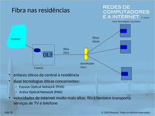 © 2010 Pearson. Todos os direitos reservados.
slide 20
ONT
OLT
Central
distribuidor
ótico
ONT
ONT
fibra
ótica
fibras
óticas
Internet
Fibra nas residências
• enlaces óticos da central à residência
• duas tecnologias óticas concorrentes:
– Passive Optical Network (PON)
– Active Optical Network (PAN)
• velocidades de Internet muito mais altas; fibra também transporta
serviços de TV e telefone
 