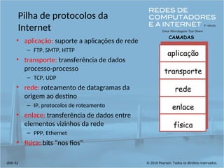 © 2010 Pearson. Todos os direitos reservados.
slide 62
Pilha de protocolos da
Internet
• aplicação: suporte a aplicações de rede
– FTP, SMTP, HTTP
• transporte: transferência de dados
processo-processo
– TCP, UDP
• rede: roteamento de datagramas da
origem ao destino
– IP, protocolos de roteamento
• enlace: transferência de dados entre
elementos vizinhos da rede
– PPP, Ethernet
• física: bits “nos fios”
aplicação
transporte
rede
enlace
física
CAMADAS
 