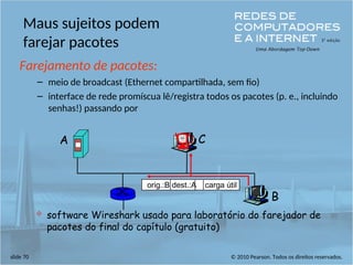 © 2010 Pearson. Todos os direitos reservados.
slide 70
Maus sujeitos podem
farejar pacotes
Farejamento de pacotes:
– meio de broadcast (Ethernet compartilhada, sem fio)
– interface de rede promíscua lê/registra todos os pacotes (p. e., incluindo
senhas!) passando por
A
B
C
orig.:B dest.:A carga útil
 software Wireshark usado para laboratório do farejador de
pacotes do final do capítulo (gratuito)
 