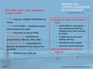 © 2010 Pearson. Todos os direitos reservados.
slide 76
• 1970: rede por satélite ALOHAnet no
Havaí
• 1974: Cerf e Kahn – arquitetura para
interconexão de redes
• 1976: Ethernet na Xerox PARC
• final dos anos 70: arquiteturas
proprietárias: DECnet, SNA, XNA
• final dos anos 70 : comutação de
pacotes de tamanho fixo (precursor
da ATM)
• 1979: ARPAnet tem 200 nós
princípios de inter-rede de Cerf e
Kahn:
– minimalismo, autonomia –
sem mudanças internas
exigidas para interconexão
de redes
– modelo de serviço pelo
melhor esforço
– roteadores sem estado
– controle descentralizado
definem arquitetura atual da
Internet
1972-1980: Inter-rede, redes novas
e proprietárias
 