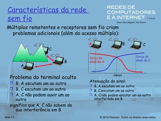 © 2010 Pearson. Todos os direitos reservados.
slide 13
Características da rede
sem fio
Múltiplos remetentes e receptores sem fio criam
problemas adicionais (além do acesso múltiplo):
A
B
C
Problema do terminal oculto
 B, A escutam um ao outro
 B, C escutam um ao outro
 A, C não podem ouvir um ao
outro
significa que A, C não sabem de
sua interferência em B
A B C
força do
sinal de A
espaço
força do
sinal de C
Atenuação do sinal:
 B, A escutam um ao outro
 B, C escutam um ao outro
 A, C não podem escutar um ao outro
interferindo em B
 