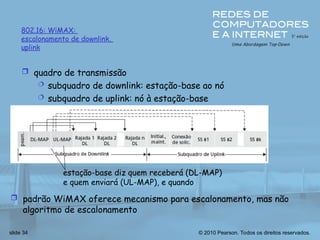 © 2010 Pearson. Todos os direitos reservados.
slide 34
802.16: WiMAX:
escalonamento de downlink,
uplink
 quadro de transmissão
 subquadro de downlink: estação-base ao nó
 subquadro de uplink: nó à estação-base
estação-base diz quem receberá (DL-MAP)
e quem enviará (UL-MAP), e quando
 padrão WiMAX oferece mecanismo para escalonamento, mas não
algoritmo de escalonamento
 