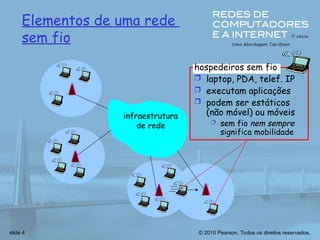 © 2010 Pearson. Todos os direitos reservados.
slide 4
Elementos de uma rede
sem fio
infraestrutura
de rede
hospedeiros sem fio
 laptop, PDA, telef. IP
 executam aplicações
 podem ser estáticos
(não móvel) ou móveis
 sem fio nem sempre
significa mobilidade
 