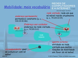 © 2010 Pearson. Todos os direitos reservados.
slide 46
Mobilidade: mais vocabulário
Endereço aos cuidados:
endereço na rede visitada.
(p. e., 79,129.13.2)
rede
remota
rede visitada: rede em que
nó móvel reside atualmente
(p. e., 79.129.13/24)
endereço permanente:
permanece constante (p. e.,
128.119.40.186)
agente externo:
entidade na rede
visitada que realiza
funções de mobilidade
em favor do nó móvel.
correspondente: quer
se comunicar com nó
móvel
 