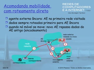© 2010 Pearson. Todos os direitos reservados.
slide 56
rede
remota
1
rede externa
visitada no início
da sessão
AE
âncora
2
4
novo agente
externo
3
5
atente
correspondente
correspondente
nova
rede
externa
Acomodando mobilidade
com roteamento direto
 agente externo âncora: AE na primeira rede visitada
 dados sempre roteados primeiro para AE âncora
 quando nó móvel se move: novo AE repassa dados do
AE antigo (encadeamento)
 