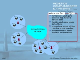 © 2010 Pearson. Todos os direitos reservados.
slide 6
infraestrutura
de rede
enlace sem fio
 normalmente usado para
conectar disp. móveis à
estação-base
 também usado como enlace
de backbone
 protocolo de acesso múltiplo
coordena acesso ao enlace
 diversas taxas de dados,
distância de transmissão
 