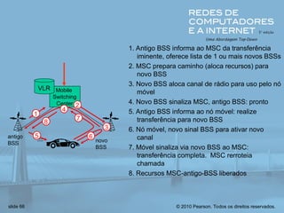© 2010 Pearson. Todos os direitos reservados.
slide 66
Mobile
Switching
Center
VLR
antigo
BSS
1
3
2
4
5 6
7
8
novo
BSS
1. Antigo BSS informa ao MSC da transferência
iminente, oferece lista de 1 ou mais novos BSSs
2. MSC prepara caminho (aloca recursos) para
novo BSS
3. Novo BSS aloca canal de rádio para uso pelo nó
móvel
4. Novo BSS sinaliza MSC, antigo BSS: pronto
5. Antigo BSS informa ao nó móvel: realize
transferência para novo BSS
6. Nó móvel, novo sinal BSS para ativar novo
canal
7. Móvel sinaliza via novo BSS ao MSC:
transferência completa. MSC rerroteia
chamada
8. Recursos MSC-antigo-BSS liberados
 