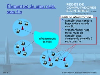 © 2010 Pearson. Todos os direitos reservados.
slide 8
Elementos de uma rede
sem fio
infraestrutura
de rede
modo de infraestrutura
 estação-base conecta
hosp. móveis à rede
com fio
 transferência: hosp.
móvel muda de
estação-base
fornecendo conexão à
rede com fio
 