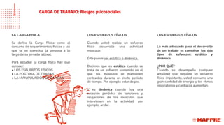 LA CARGA FISICA
Se define la Carga Física como el
conjunto de requerimientos físicos a los
que se ve sometida la persona a lo
largo de su jornada laboral.
Para estudiar la carga física hay que
conocer:
• LOS ESFUERZOS FÍSICOS
• LA POSTURA DE TRABAJO
• LA MANIPULACIÓN DE CARGAS
LOS ESFUERZOS FÍSICOS
Cuando usted realiza un esfuerzo
físico desarrolla una actividad
muscular.
Ésta puede ser estática o dinámica.
Decimos que es estática cuando se
trata de un esfuerzo sostenido en el
que los músculos se mantienen
contraídos durante un cierto período
de tiempo. Por ejemplo estar de pie.
Y es dinámica cuando hay una
sucesión periódica de tensiones y
relajaciones de los músculos que
intervienen en la actividad, por
ejemplo, andar.
LOS ESFUERZOS FÍSICOS
Lo más adecuado para el desarrollo
de un trabajo es combinar los dos
tipos de esfuerzos: estático y
dinámico.
¿POR QUÉ?
Cuando se desempeña cualquier
actividad que requiere un esfuerzo
físico importante, usted consume una
gran cantidad de energía y los ritmos
respiratorios y cardíacos aumentan.
CARGA DE TRABAJO: Riesgos psicosociales
 