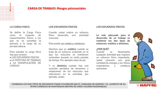 LA CARGA FISICA
Se define la Carga Física
como el conjunto de
requerimientos físicos a los
que se ve sometida la
persona a lo largo de su
jornada laboral.
Para estudiar la carga física
hay que conocer:
• LOS ESFUERZOS FÍSICOS
• LA POSTURA DE TRABAJO
• LA MANIPULACIÓN DE
CARGAS
LOS ESFUERZOS FÍSICOS
Cuando usted realiza un esfuerzo
físico desarrolla una actividad
muscular.
Ésta puede ser estática o dinámica.
Decimos que es estática cuando se
trata de un esfuerzo sostenido en el
que los músculos se mantienen
contraídos durante un cierto período
de tiempo. Por ejemplo estar de pie.
Y es dinámica cuando hay una
sucesión periódica de tensiones y
relajaciones de los músculos que
intervienen en la actividad, por
ejemplo, andar.
LOS ESFUERZOS FÍSICOS
Lo más adecuado para el
desarrollo de un trabajo es
combinar los dos tipos de
esfuerzos: estático y dinámico.
¿POR QUÉ?
Cuando se desempeña
cualquier actividad que requiere
un esfuerzo físico importante,
usted consume una gran
cantidad de energía y los ritmos
respiratorios y cardíacos
aumentan.
COMBINAR LOS DOS TIPOS DE ESFUERZOS PUEDE FAVORECER QUE EL CONSUMO DE ENERGÍA Y EL AUMENTO DE SU
RITMO CARDÍACO SE MANTENGAN DENTRO DE UNOS VALORES RAZONABLES.
CARGA DE TRABAJO: Riesgos psicosociales
 