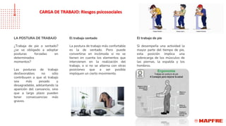 LA POSTURA DE TRABAJO
¿Trabaja de pie o sentado?
¿se ve obligado a adoptar
posturas forzadas en
determinados
momentos?
Las posturas de trabajo
desfavorables no sólo
contribuyen a que el trabajo
sea más pesado y
desagradable, adelantando la
aparición del cansancio, sino
que a largo plazo pueden
tener consecuencias más
graves.
El trabajo sentado
La postura de trabajo más confortable
es la de sentado. Pero puede
convertirse en incómoda si no se
tienen en cuenta los elementos que
intervienen en la realización del
trabajo, o si no se alterna con otras
posiciones que a ser posible
impliquen un cierto movimiento.
El trabajo de pie
Si desempeña una actividad la
mayor parte del tiempo de pie,
esta posición implica una
sobrecarga de los músculos de
las piernas, la espalda y los
hombros.
CARGA DE TRABAJO: Riesgos psicosociales
 
