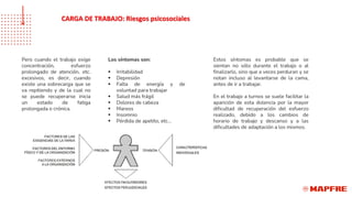 Pero cuando el trabajo exige
concentración, esfuerzo
prolongado de atención, etc.
excesivos, es decir, cuando
existe una sobrecarga que se
va repitiendo y de la cual no
se puede recuperarse inicia
un estado de fatiga
prolongada o crónica.
Los síntomas son:
▪ Irritabilidad
▪ Depresión
▪ Falta de energía y de
voluntad para trabajar
▪ Salud más frágil
▪ Dolores de cabeza
▪ Mareos
▪ Insomnio
▪ Pérdida de apetito, etc...
Estos síntomas es probable que se
sientan no sólo durante el trabajo o al
finalizarlo, sino que a veces perduran y se
notan incluso al levantarse de la cama,
antes de ir a trabajar.
En el trabajo a turnos se suele facilitar la
aparición de esta dolencia por la mayor
dificultad de recuperación del esfuerzo
realizado, debido a los cambios de
horario de trabajo y descanso y a las
dificultades de adaptación a los mismos.
CARGA DE TRABAJO: Riesgos psicosociales
 