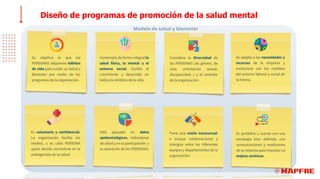 Implementación de programas de salud mental
Diseño de programas de promoción de la salud mental
Modelo de salud y bienestar
 