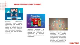 PRODUCTIVIDAD EN EL TRABAJO
Fomentar interacciones
frecuentes entre equipos
relacionadas con asuntos no
laborales (tiempo y espacio que
puede ser virtual como red
social) para que conversen
sobre sus hobbies, actualidad o
cualquier otro tema de forma
distendida.
Organizar dinámicas de
formación de equipos, team
building que estimulen la
construcción de relaciones
sólidas y la confianza entre los
trabajadores.
Activar estrategias que
estimulen un elevado
desempeño y faciliten el
desarrollo laboral en equipos
de teletrabajo, incorporando
cuando sea necesario
procesos de medición de
la productividad empresarial.
 