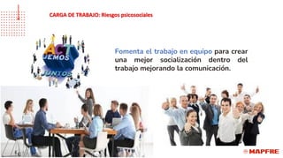 Fomenta el trabajo en equipo para crear
una mejor socialización dentro del
trabajo mejorando la comunicación.
CARGA DE TRABAJO: Riesgos psicosociales
 