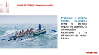 Promueve y exhorta
hábitos saludables
como la práctica
regular de ejercicio, la
alimentación
balanceada y la
eliminación de malos
hábitos.
CARGA DE TRABAJO: Riesgos psicosociales
 