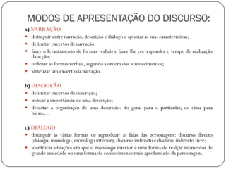 MODOS DE APRESENTAÇÃO DO DISCURSO:
a) NARRAÇÃO
 distinguir entre narração, descrição e diálogo e apontar as suas características;
 delimitar excertos de narração;
 fazer o levantamento de formas verbais e fazer-lhe corresponder o tempo de realização
da acção;
 ordenar as formas verbais, segundo a ordem dos acontecimentos;
 sintetizar um excerto da narração.
b) DESCRIÇÃO
 delimitar excertos de descrição;
 indicar a importância de uma descrição;
 detectar a organização de uma descrição: do geral para o particular, de cima para
baixo,…
c) DIÁLOGO
 distinguir as várias formas de reproduzir as falas das personagens: discurso directo
(diálogo, monólogo, monólogo interior), discurso indirecto e discurso indirecto livre;
 identificar situações em que o monólogo interior é uma forma de realçar momentos de
grande ansiedade ou uma forma de conhecimento mais aprofundado da personagem.

 