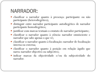 NARRADOR:
 classificar o narrador quanto à presença: participante ou não








participante (heterodiegético);
distinguir entre narrador participante autodiegético de narrador
participante homodiegético;
justificar com marcas textuais o estatuto de narrador participante;
classificar o narrador quanto à ciência: narrador omnisciente e
narrador que sabe apenas o que vê;
classificar o narrador quanto à focalização: narrador de focalização
interna ou externa;
classificar o narrador quanto à posição em relação àquilo que
narra: narrador objectivo ou subjectivo;
indicar marcas da objectividade e/ou da subjectividade do
narrador.

 