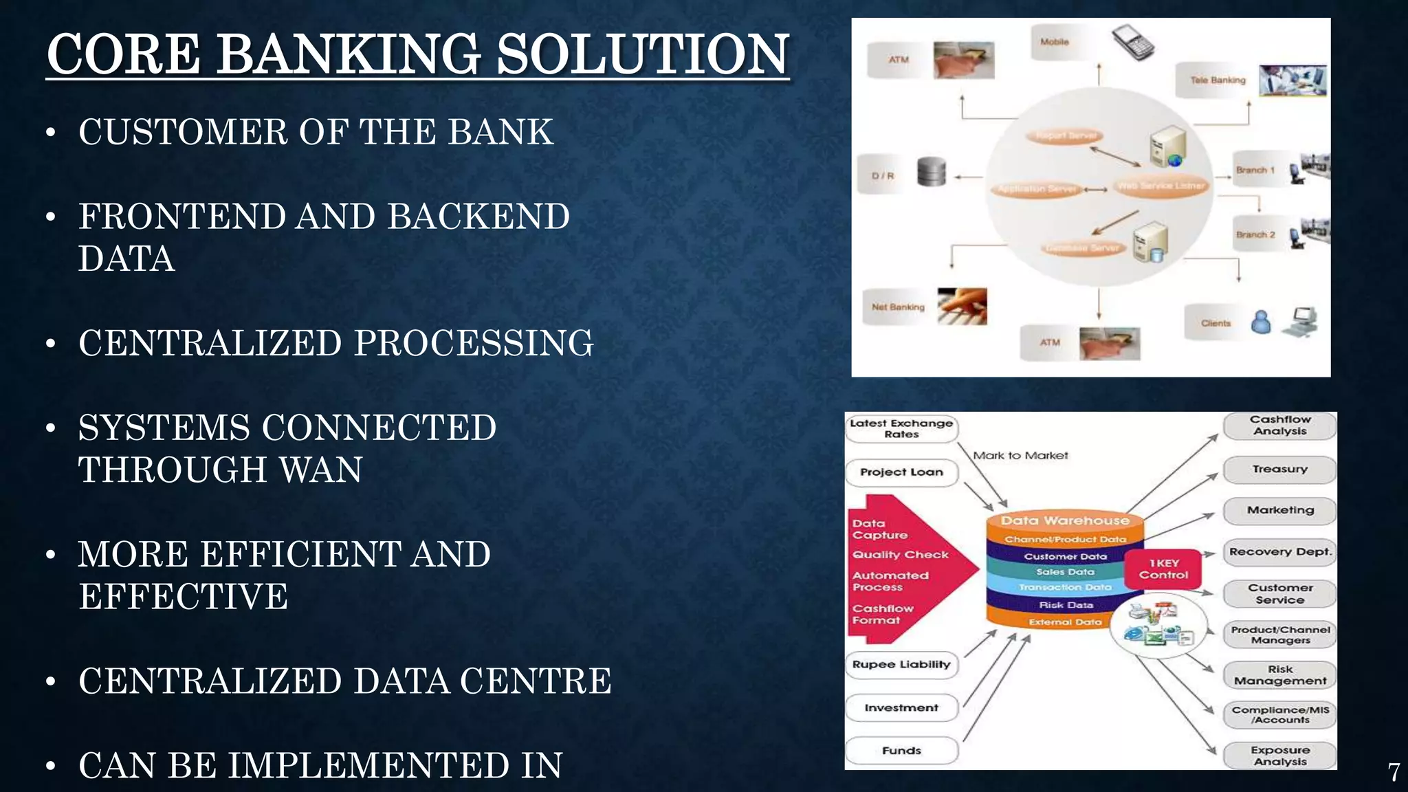 CORE BANKING SOLUTION
• CUSTOMER OF THE BANK
• FRONTEND AND BACKEND
DATA
• CENTRALIZED PROCESSING
• SYSTEMS CONNECTED
THROUGH WAN
• MORE EFFICIENT AND
EFFECTIVE
• CENTRALIZED DATA CENTRE
• CAN BE IMPLEMENTED IN 7
 