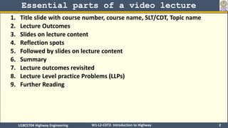 Essential parts of a video lecture
1. Title slide with course number, course name, SLT/CDT, Topic name
2. Lecture Outcomes...