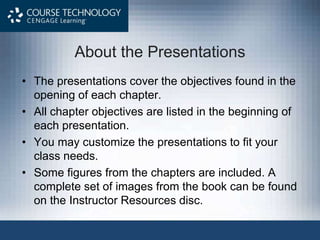 About the Presentations
• The presentations cover the objectives found in the
opening of each chapter.
• All chapter objectives are listed in the beginning of
each presentation.
• You may customize the presentations to fit your
class needs.
• Some figures from the chapters are included. A
complete set of images from the book can be found
on the Instructor Resources disc.
 