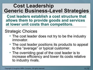 Cost Leadership  Generic Business-Level Strategies Cost leaders establish a cost structure that allows them to provide goods and services  at lower unit costs than competitors .  Strategic Choices The cost leader does not try to be the industry innovator. The cost leader positions its products to appeal to the “average” or typical customer. The overriding goal of the cost leader is to increase efficiency and lower its costs relative to industry rivals. 