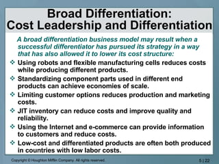 Broad Differentiation: Cost Leadership and Differentiation A broad differentiation business model may result when a successful differentiator has pursued its strategy in a way that has also allowed it to lower its cost structure: Using robots and flexible manufacturing cells reduces costs while producing different products. Standardizing component parts used in different end products can achieve economies of scale. Limiting customer options reduces production and marketing costs. JIT inventory can reduce costs and improve quality and reliability. Using the Internet and e-commerce can provide information to customers and reduce costs. Low-cost and differentiated products are often both produced in countries with low labor costs. 
