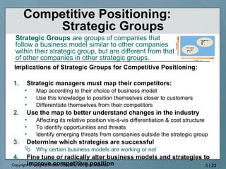Implications of Strategic Groups for Competitive Positioning:   Strategic managers must map their competitors:   Map according to their choice of business model Use this knowledge to position themselves closer to customers Differentiate themselves from their competitors  Use the map to better understand changes in the industry Affecting its relative position vis-à-vis differentiation & cost structure To identify opportunities and threats Identify emerging threats from companies outside the strategic group Determine which strategies are successful Why certain business models are working or not Fine tune or radically alter business models and strategies to improve competitive position Competitive Positioning:  Strategic Groups Strategic Groups  are groups of companies that follow a business model similar to other companies within their strategic group,   but are different from that of other companies in other strategic groups. 