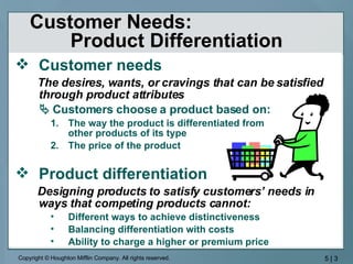 Customer Needs:  Product Differentiation Customer needs The desires, wants, or cravings that can be satisfied through product attributes    Customers choose a product based on: The way the product is differentiated from  other products of its type The price of the product Product differentiation   Designing products to satisfy customers’ needs in ways that competing products cannot: Different ways to achieve distinctiveness Balancing differentiation with costs Ability to charge a higher or premium price 