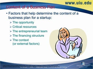 Content of a Business Plan
       • Factors that help determine the content of a
         business plan for a startup:
                The opportunity
                Critical resources
                The entrepreneurial team
                The financing structure
                The context
                      (or external factors)




© 2012 Cengage Learning. All Rights Reserved. May not be copied, scanned, or duplicated, in whole or in part, except for use as
permitted in a license distributed with a certain product or service or otherwise on a password-protected website for classroom use.   6–10
 