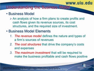 Understanding the Business Model
       • Business Model
                An analysis of how a firm plans to create profits and
                      cash flows given its revenue sources, its cost
                      structures, and the required size of investment.
       • Business Model Elements
               1. The revenue model defines the nature and types of
                  a firm’s sources of revenues
               2. The cost structures that drive the company’s costs
                  and expenses
               3. The maximum investment that will be required to
                  make the business profitable and cash flows positive


© 2012 Cengage Learning. All Rights Reserved. May not be copied, scanned, or duplicated, in whole or in part, except for use as
permitted in a license distributed with a certain product or service or otherwise on a password-protected website for classroom use.   6–29
 