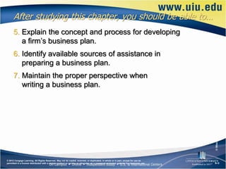 After studying this chapter, you should be able to…
      5. Explain the concept and process for developing
         a firm’s business plan.
      6. Identify available sources of assistance in
         preparing a business plan.
      7. Maintain the proper perspective when
         writing a business plan.




                                                                                                                                       © iStockphoto.com/Dan Bachman
© 2012 Cengage Learning. All Rights Reserved. May not be copied, scanned, or duplicated, in whole or in part, except for use as
permitted in a license distributed with a certain product or service or otherwise on a password-protected website for classroom use.   6–3
 