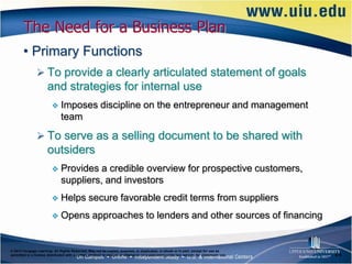 The Need for a Business Plan
       • Primary Functions
                To provide a clearly articulated statement of goals
                      and strategies for internal use
                             Imposes discipline on the entrepreneur and management
                              team
                To serve as a selling document to be shared with
                      outsiders
                             Provides a credible overview for prospective customers,
                              suppliers, and investors
                             Helps secure favorable credit terms from suppliers
                             Opens approaches to lenders and other sources of financing


© 2012 Cengage Learning. All Rights Reserved. May not be copied, scanned, or duplicated, in whole or in part, except for use as
permitted in a license distributed with a certain product or service or otherwise on a password-protected website for classroom use.   6–6
 