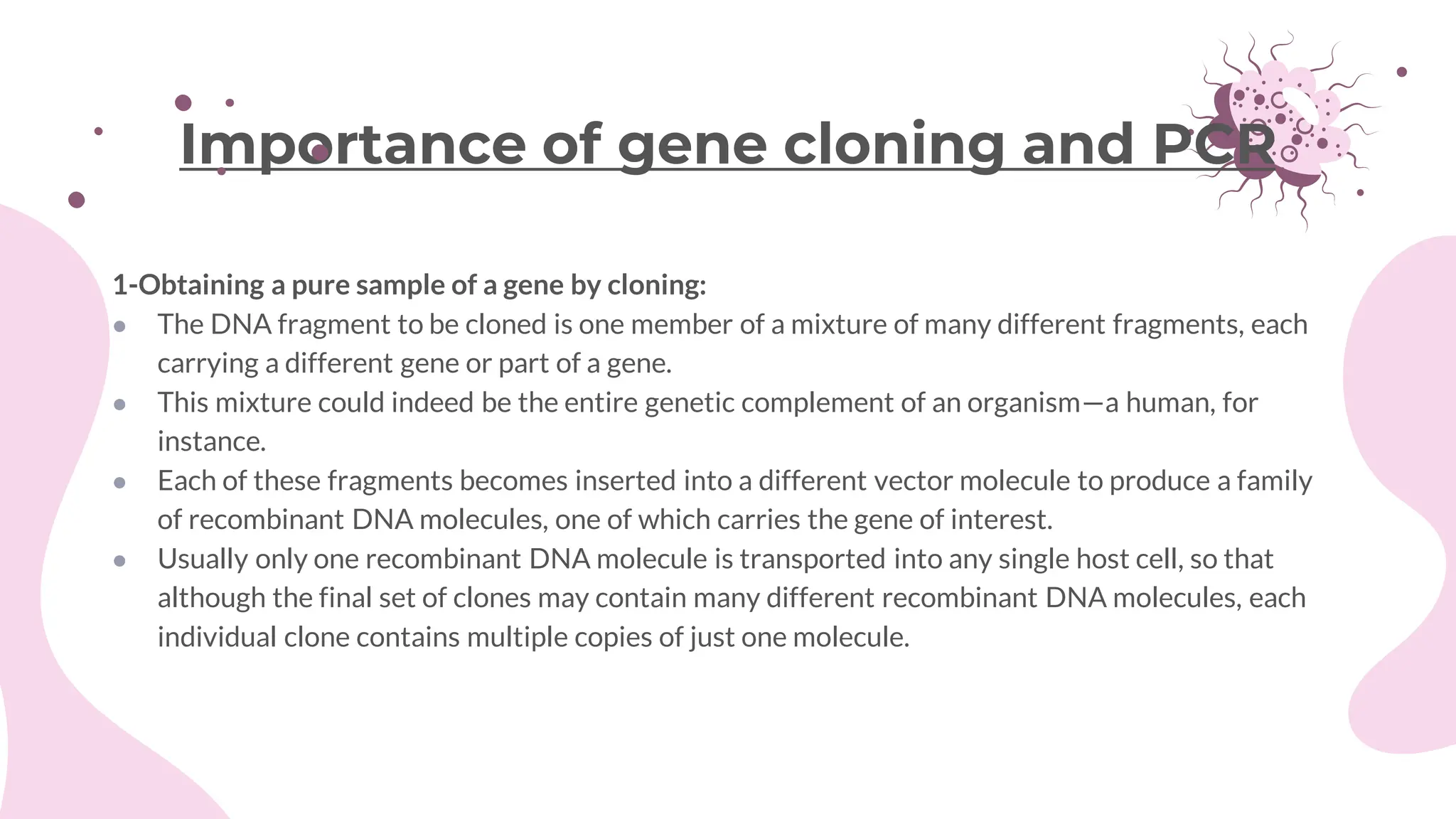 1-Obtaining a pure sample of a gene by cloning:
● The DNA fragment to be cloned is one member of a mixture of many different fragments, each
carrying a different gene or part of a gene.
● This mixture could indeed be the entire genetic complement of an organism—a human, for
instance.
● Each of these fragments becomes inserted into a different vector molecule to produce a family
of recombinant DNA molecules, one of which carries the gene of interest.
● Usually only one recombinant DNA molecule is transported into any single host cell, so that
although the final set of clones may contain many different recombinant DNA molecules, each
individual clone contains multiple copies of just one molecule.
Importance of gene cloning and PCR
 