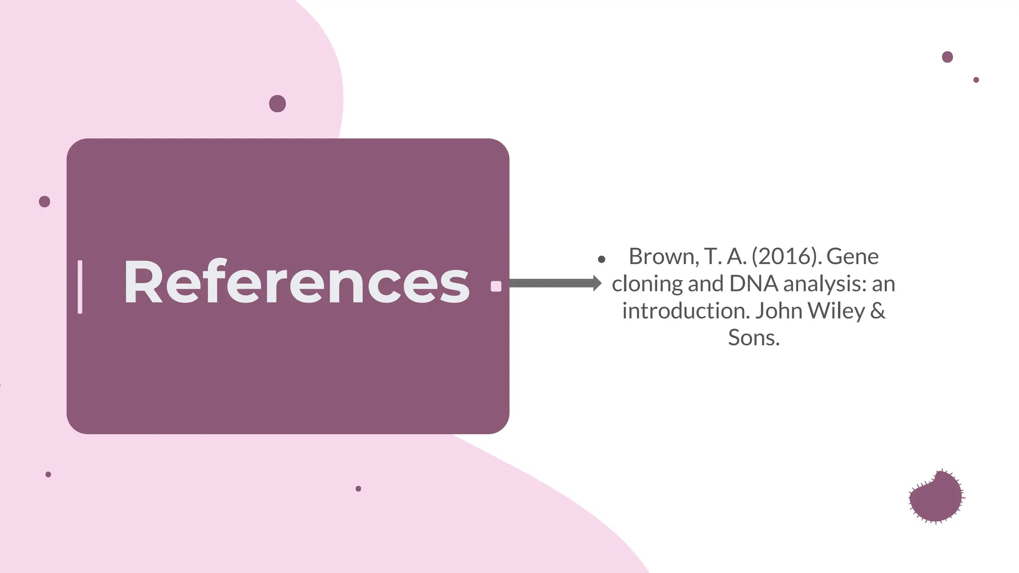 ● Brown, T. A. (2016). Gene
cloning and DNA analysis: an
introduction. John Wiley &
Sons.
References
 